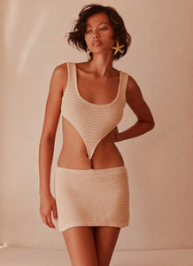 Womens One Kiss Crochet Mini Dress in the colour Sand in front of a light grey background