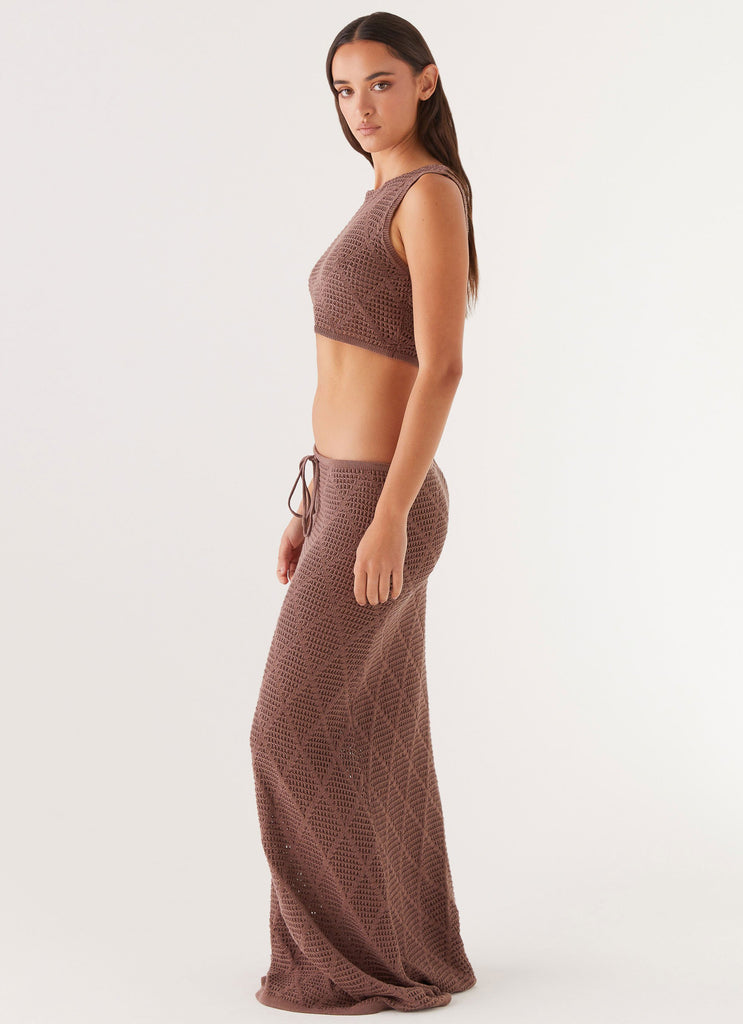 Womens Santonio Crochet Maxi Skirt in the colour Chocolate in front of a light grey background