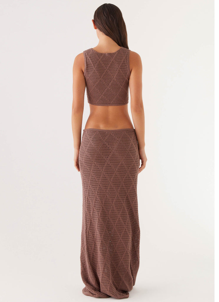 Womens Santonio Crochet Maxi Skirt in the colour Chocolate in front of a light grey background