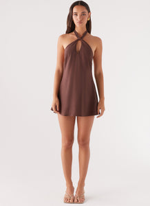 Womens Counting Stars Linen Halterneck Dress in the colour Chocolate in front of a light grey background