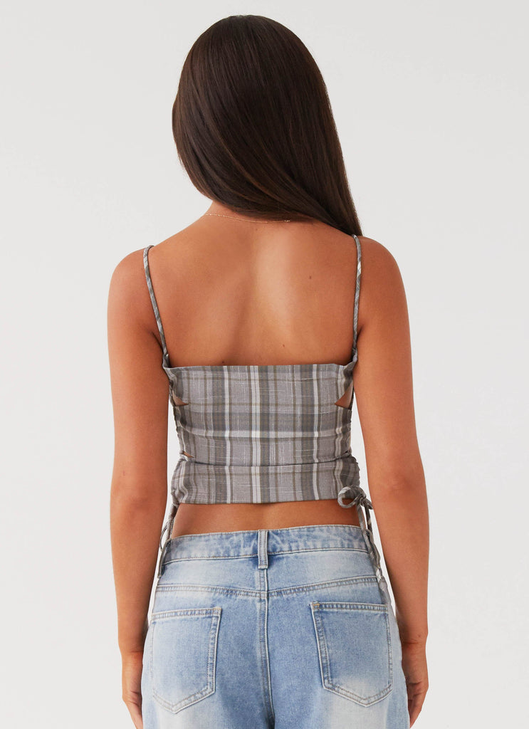 Womens Trista Tie Top in the colour Grey Tartan in front of a light grey background