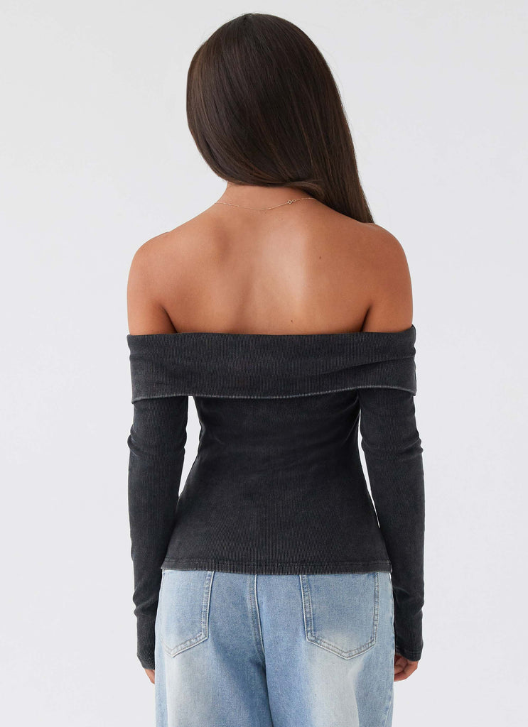 Hayley Long Sleeve Ribbed Top - Charcoal Acid Wash