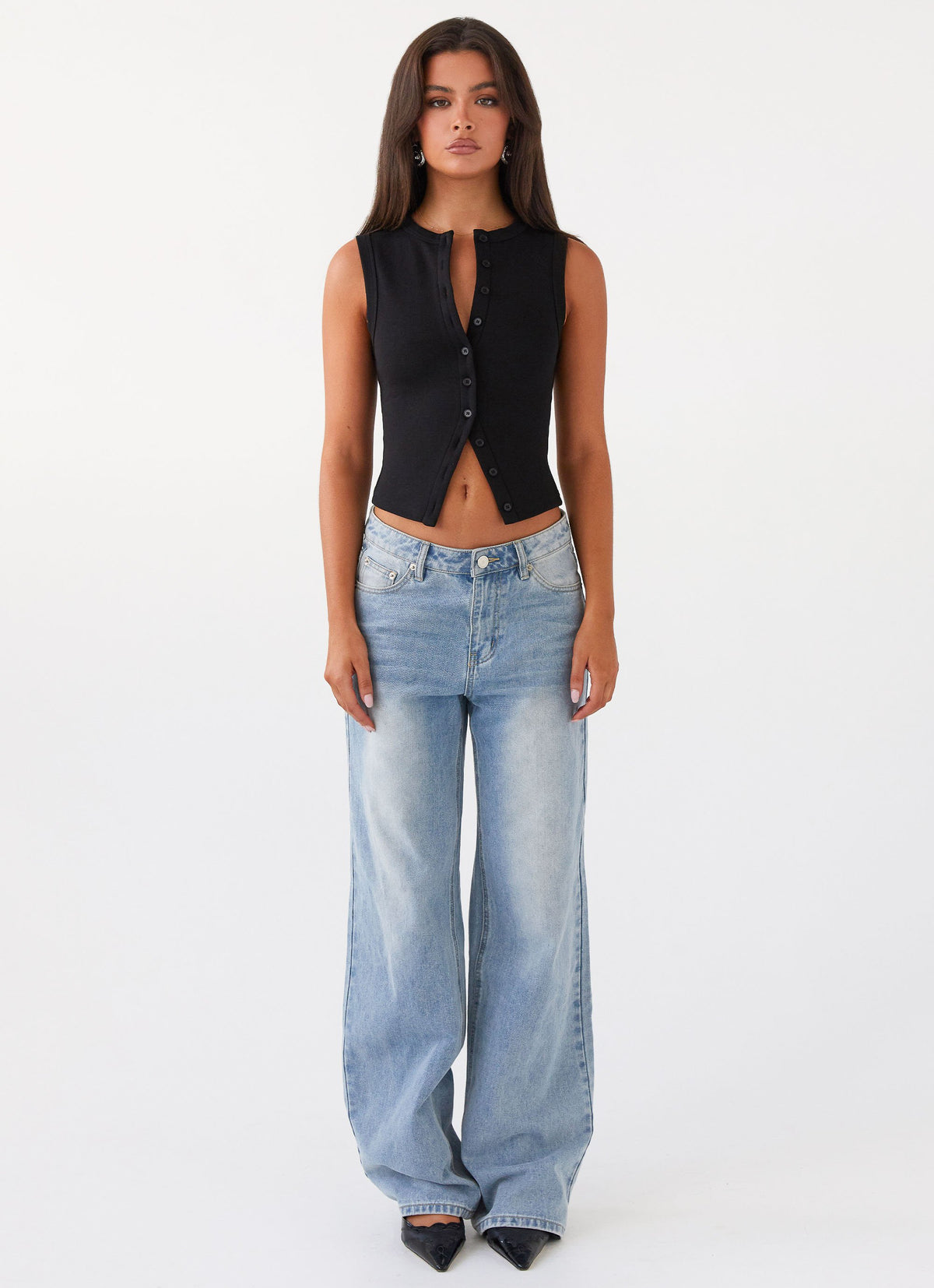 Womens Blair Buttoned Tank Top in the colour Black in front of a light grey background