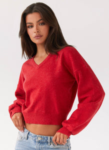 Womens Deserve Me Knit Top in the colour Cherry in front of a light grey background