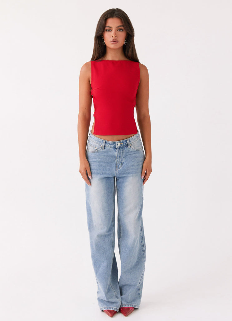 Womens Cherish You Buckle Top in the colour Red in front of a light grey background