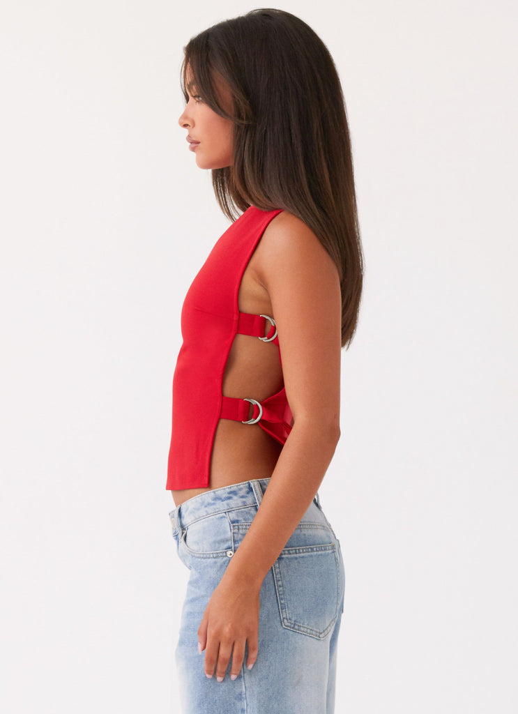 Womens Cherish You Buckle Top in the colour Red in front of a light grey background