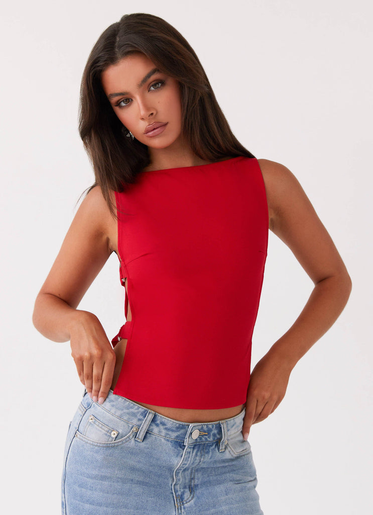 Womens Cherish You Buckle Top in the colour Red in front of a light grey background