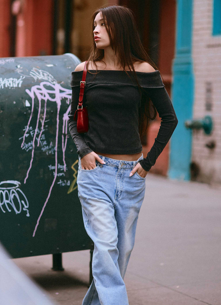 Womens Hayley Long Sleeve Ribbed Top in the colour Charcoal Acid Wash in front of a light grey background