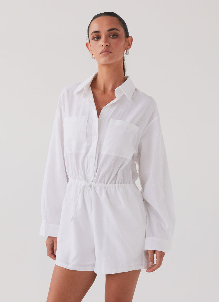 Unwind Linen Shirt Playsuit - White – Peppermayo