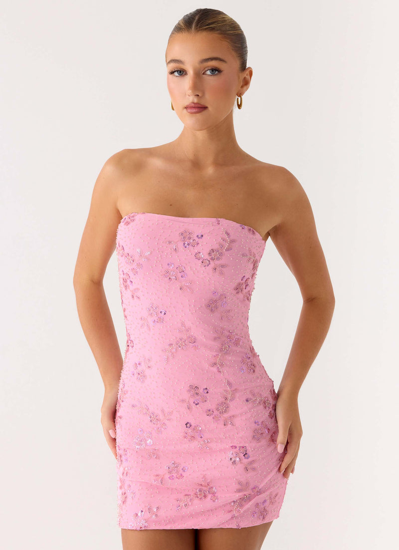 Push Back Beaded Sequin Mini Dress - Pink
