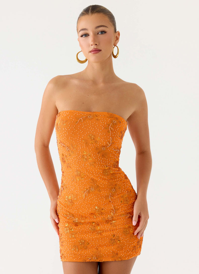 Push Back Beaded Sequin Mini Dress - Orange
