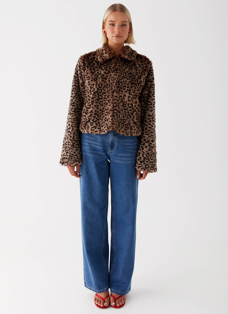 Womens Raleigh Fur Jacket in the colour Leopard in front of a light grey background