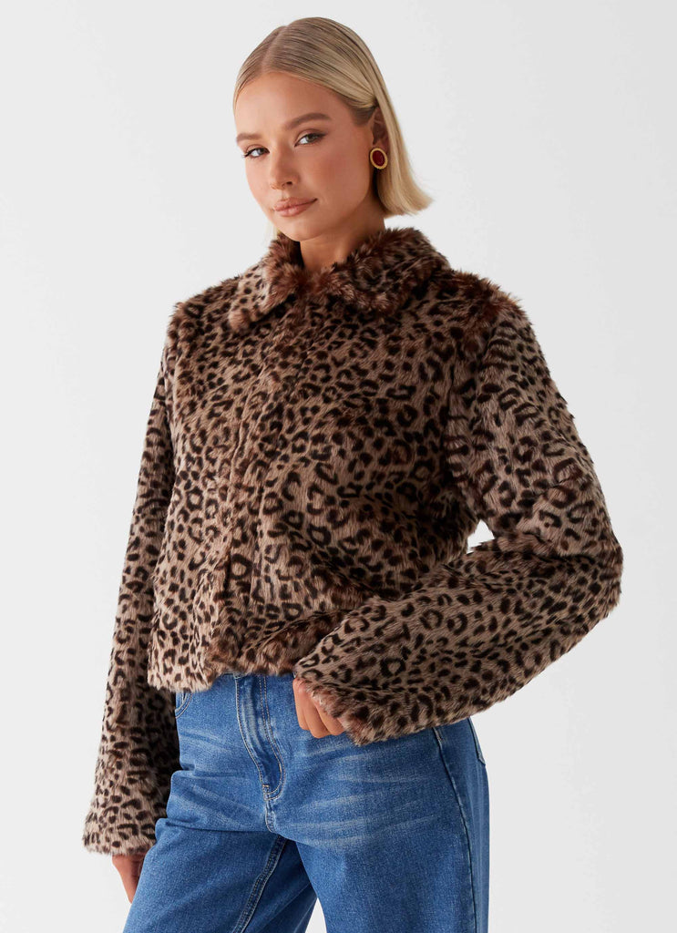 Womens Raleigh Fur Jacket in the colour Leopard in front of a light grey background