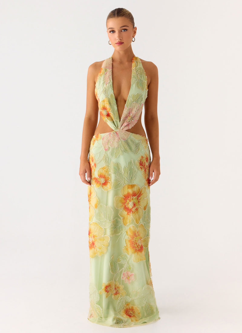 Really Something Beaded Maxi Dress - Green Floral Beaded