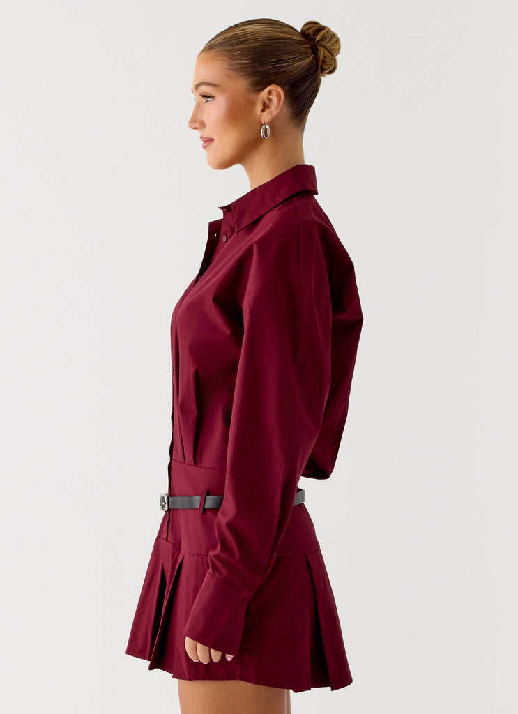 Rio Pleated Shirt Mini Dress - Maroon