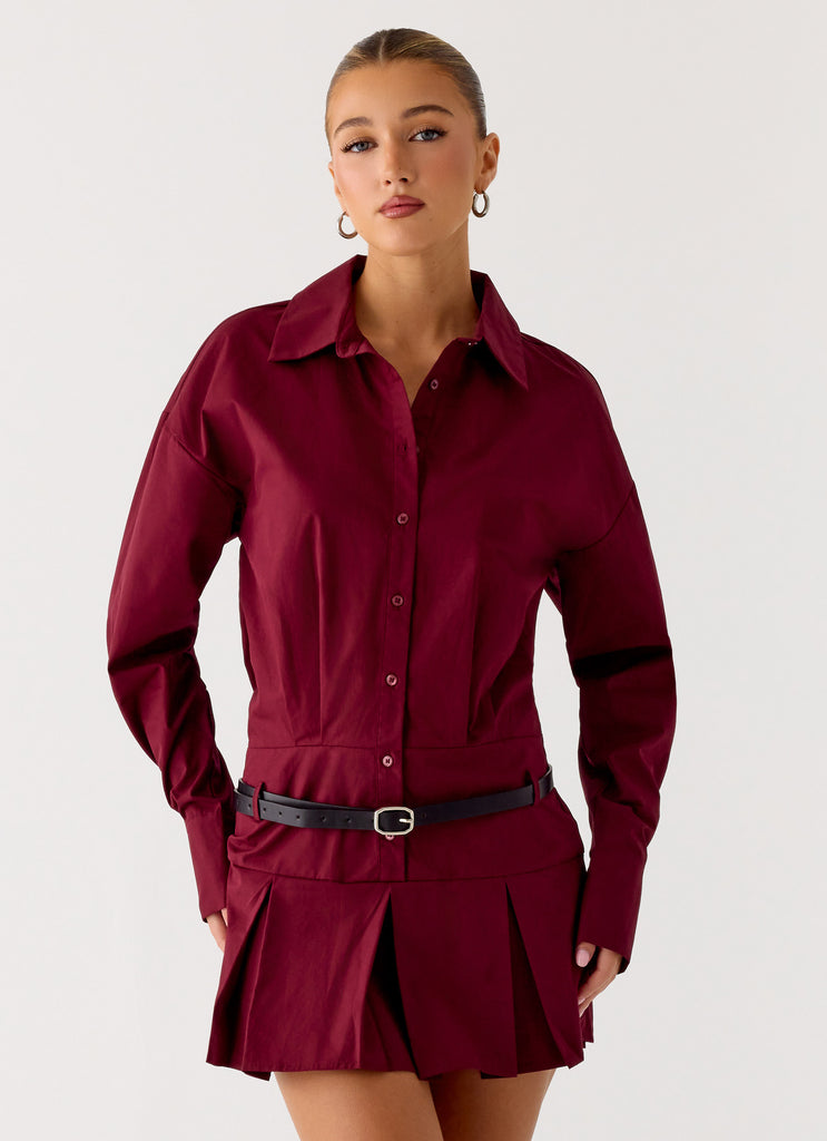 Rio Pleated Shirt Mini Dress - Maroon