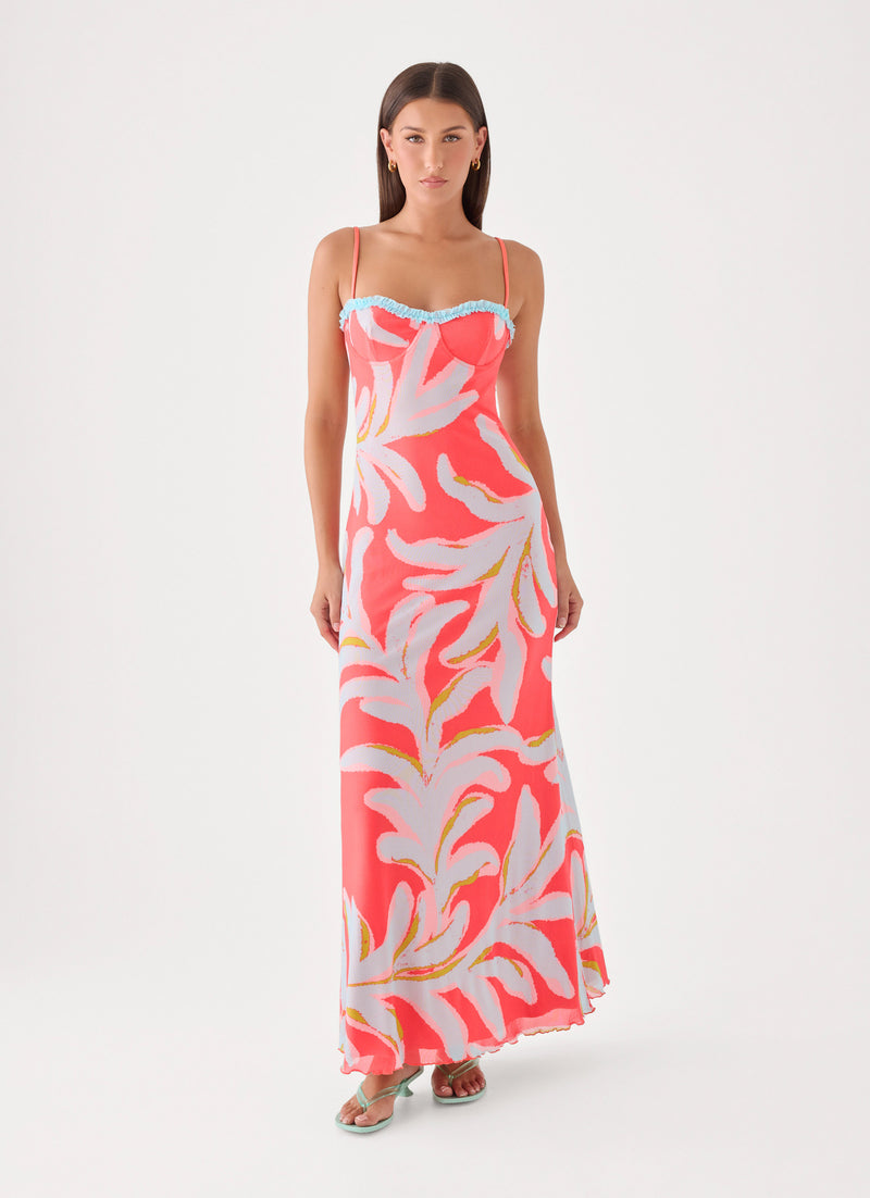 Riviera Muse Maxi Dress - Coral Palm Print
