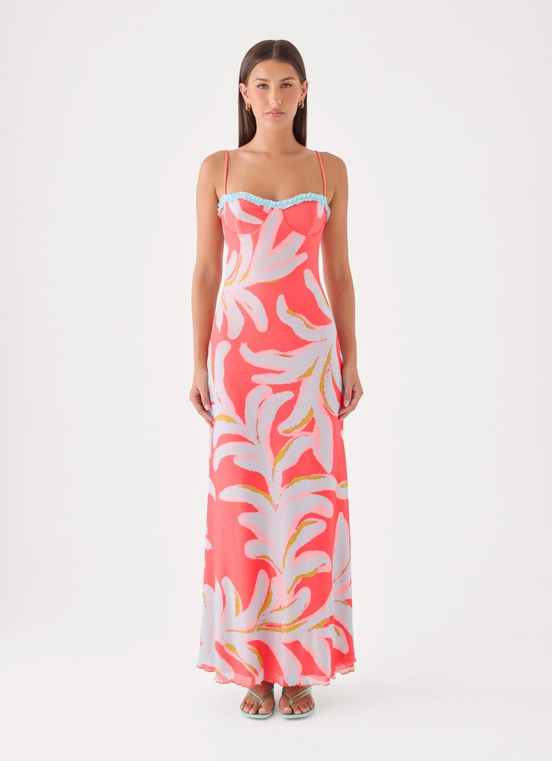 Riviera Muse Maxi Dress - Coral Palm Print