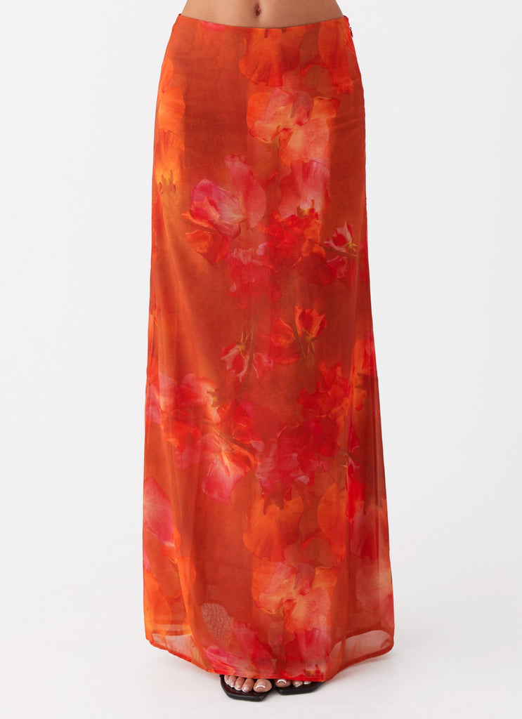 Womens Roame Maxi Skirt in the colour Amber in front of a light grey background