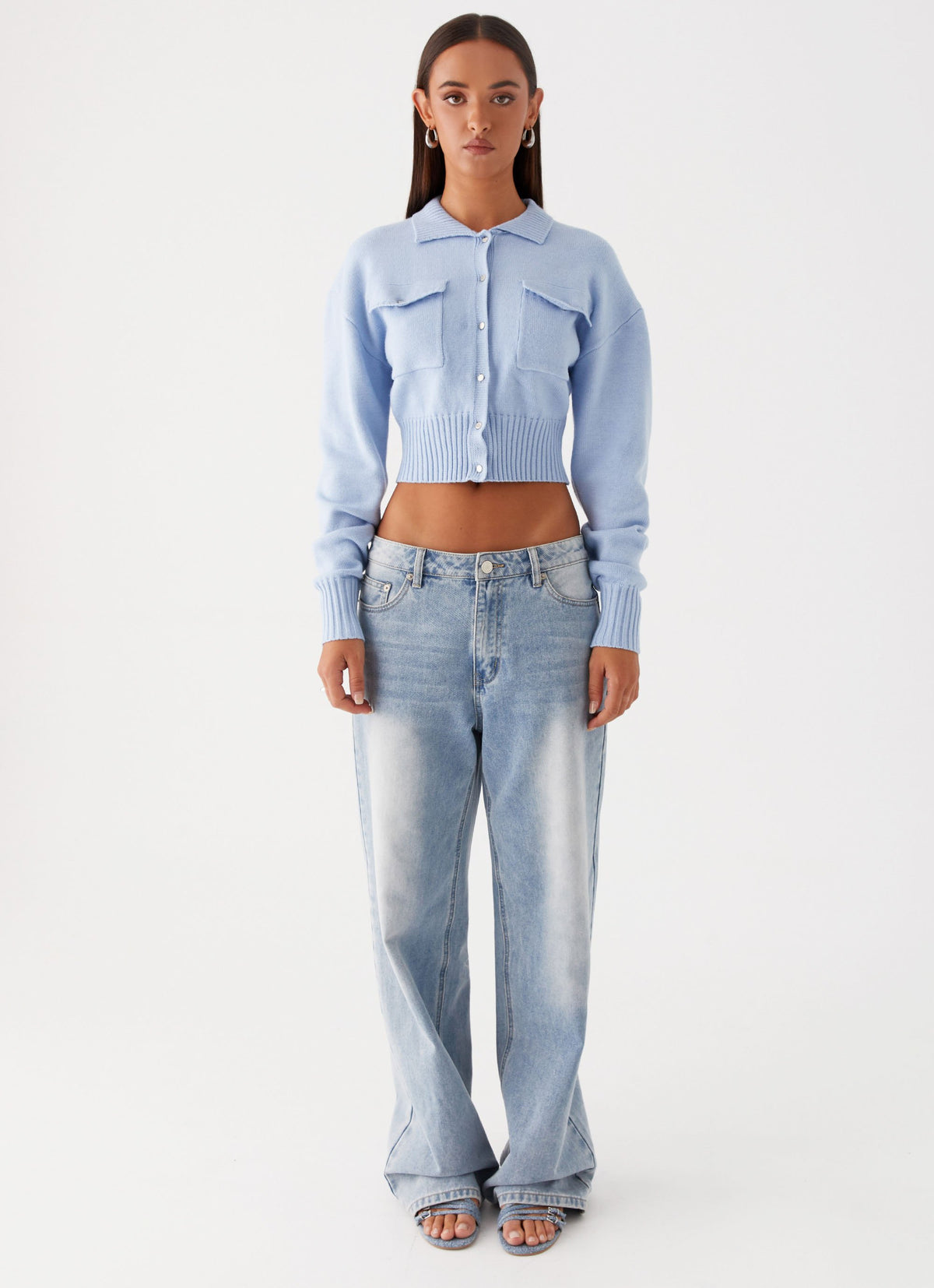 Womens Sable Cardigan in the colour Sky Blue in front of a light grey background