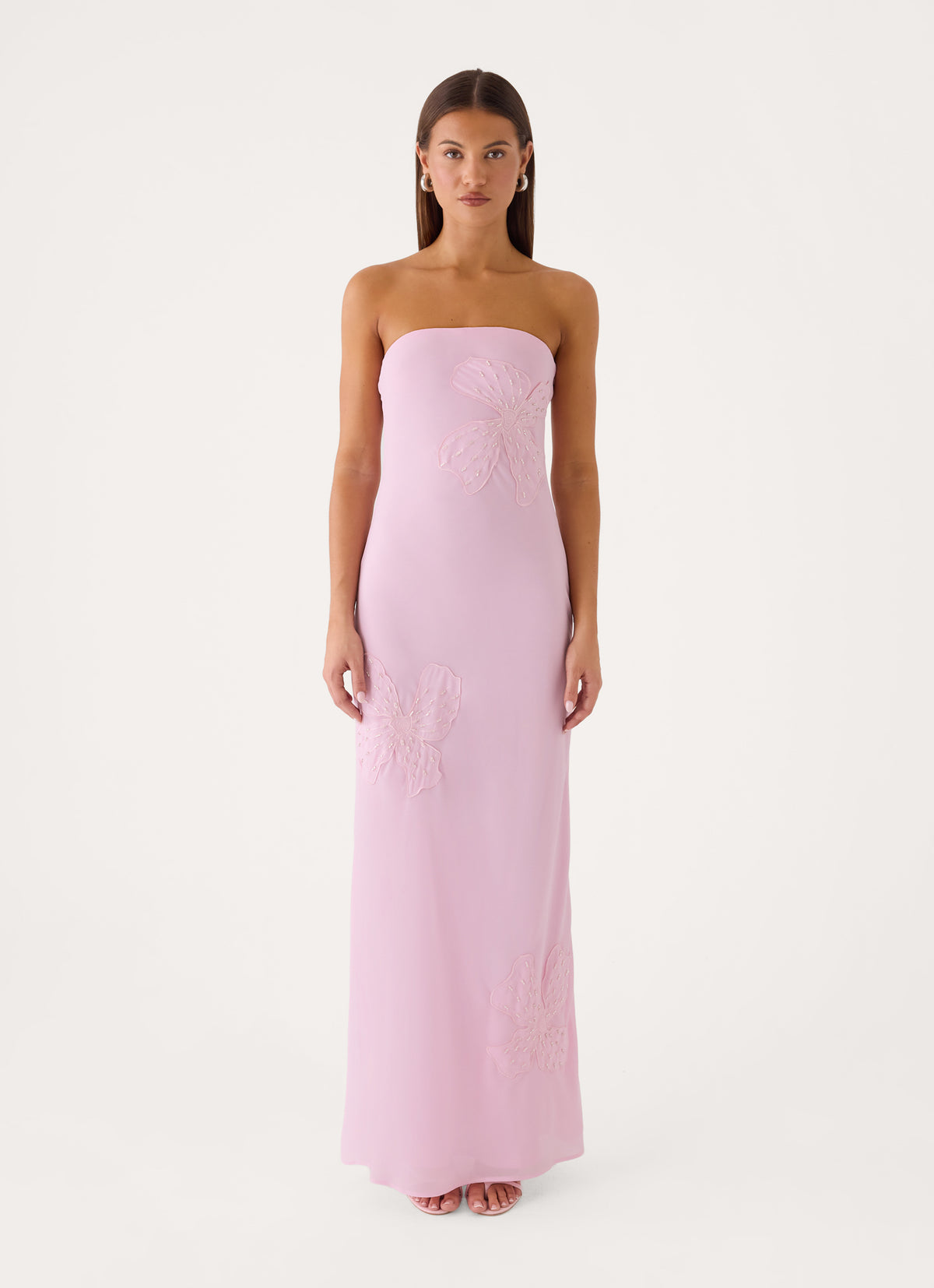Sassafras Beaded Flower Strapless Maxi Dress - Soft Pink