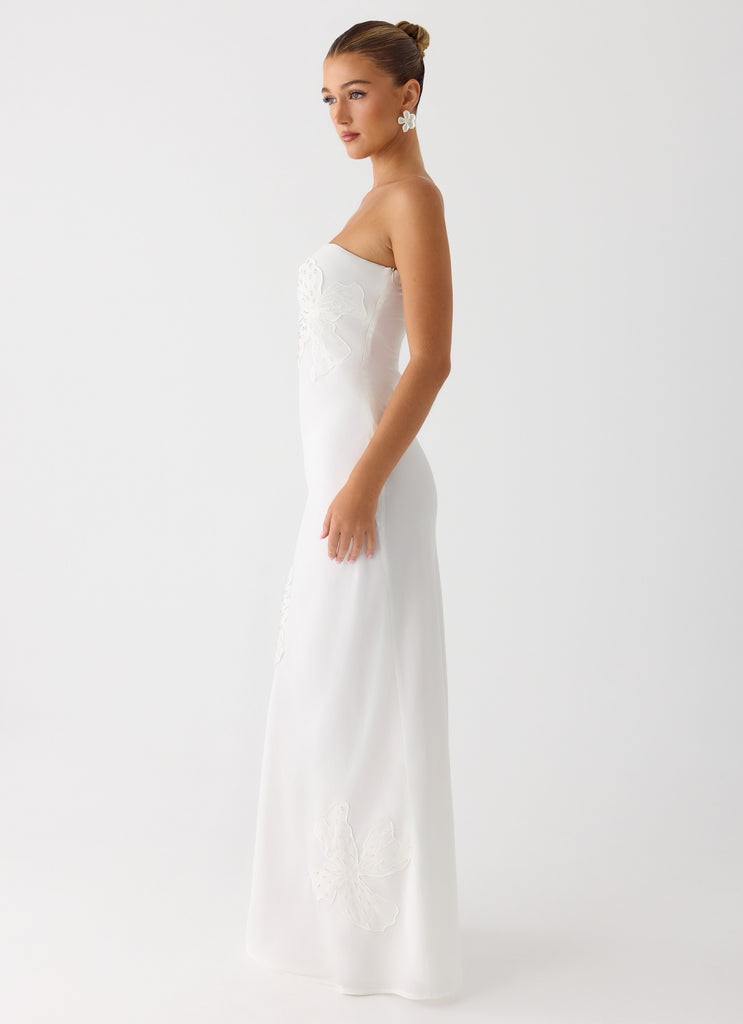 white strapless dress with flowers Sassafras Beaded Flower Strapless Maxi Dress