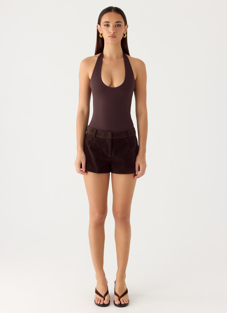 Set The Scene Halter Bodysuit - Chocolate