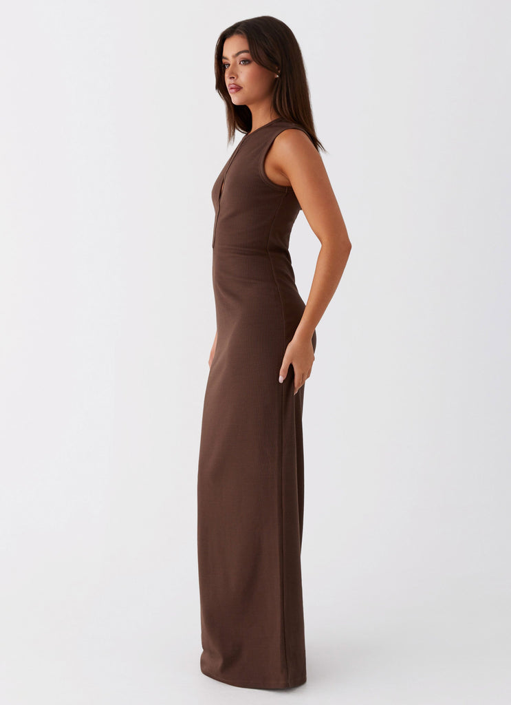 Womens Shay Cut Out Maxi Dress in the colour Chocolate in front of a light grey background