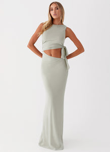 Womens Sidney Maxi Dress in the colour Sage in front of a light grey background