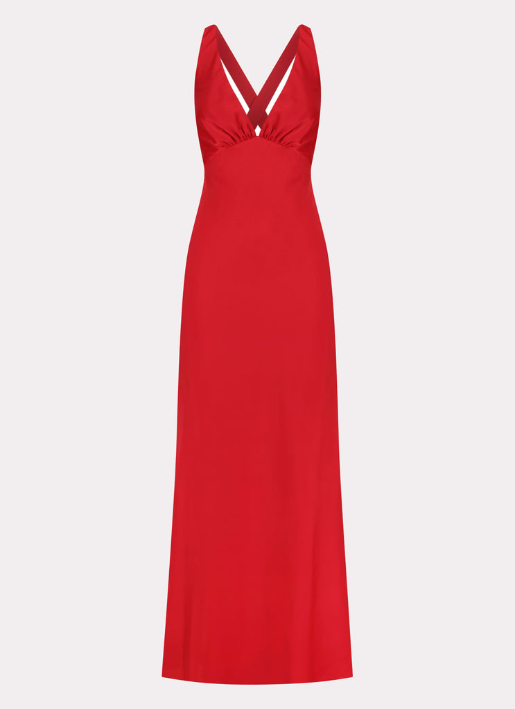 Womens Slyvia Maxi Dress in the colour Red in front of a light grey background