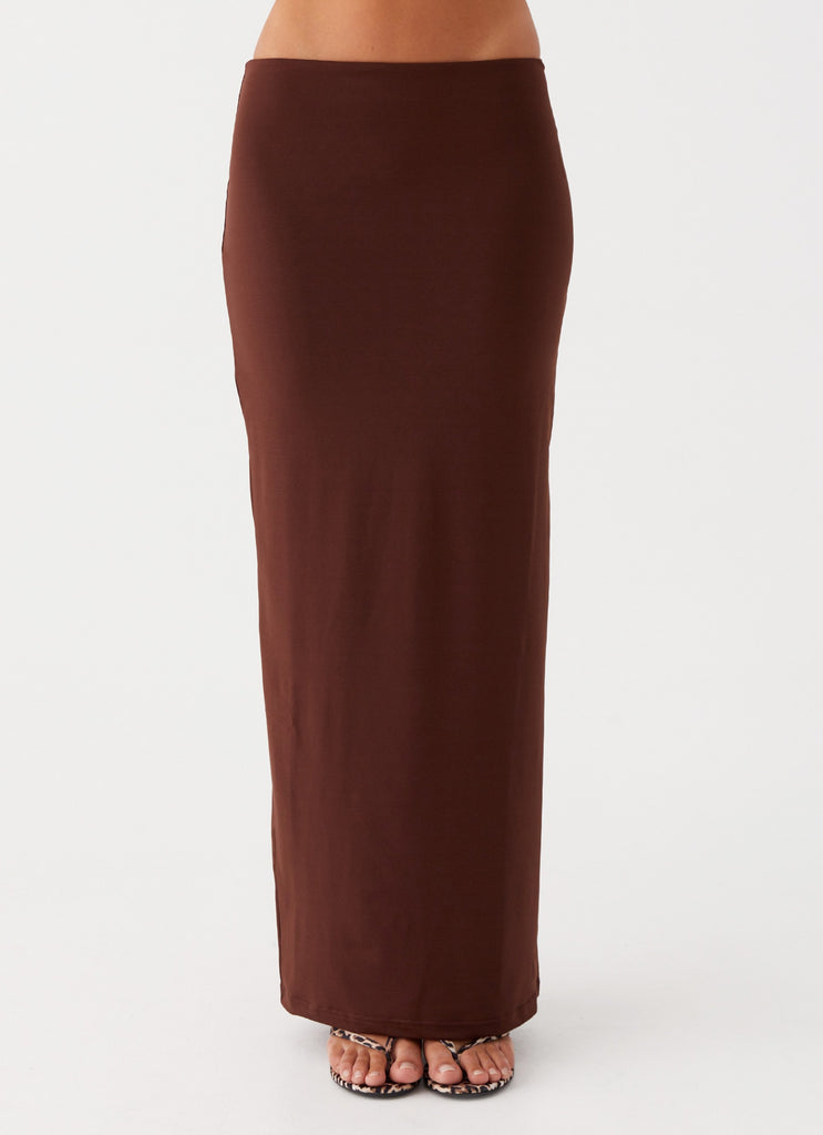 Womens Solace Soul Maxi Skirt in the colour Chocolate in front of a light grey background