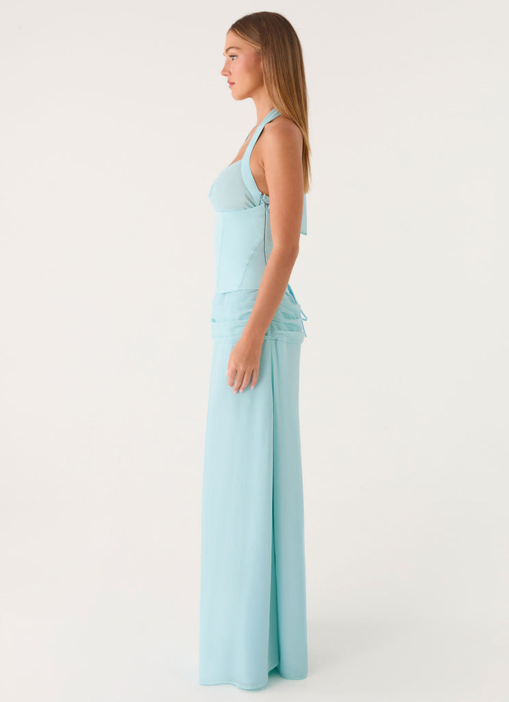aqua corset maxi dress Rachel Allan 70871 A Line Slit Long Formal Corset Prom Dress