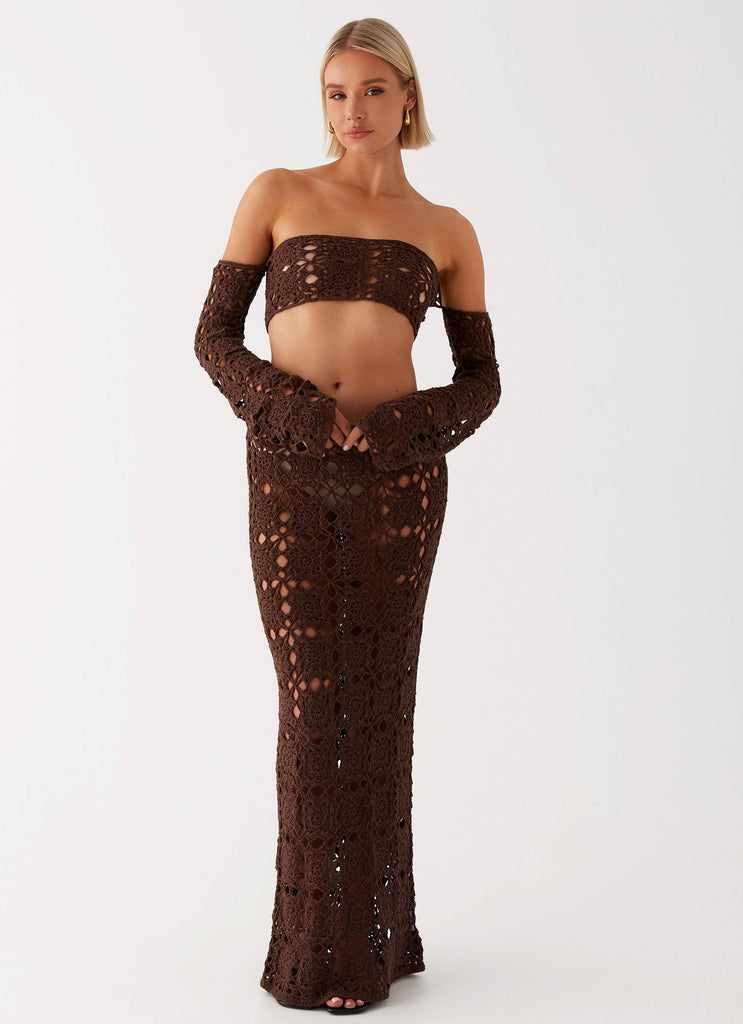 Womens Sorrentino Crochet Maxi Skirt in the colour Chocolate in front of a light grey background