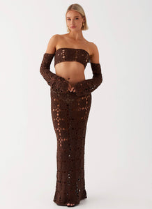 Womens Sorrentino Crochet Maxi Skirt in the colour Chocolate in front of a light grey background