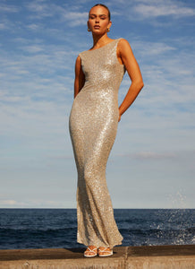 Womens Starry Night Sequin Maxi Dress in the colour Ivory in front of a light grey background