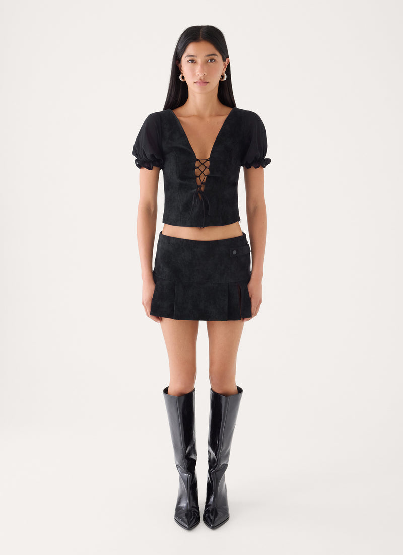 Sweet And Salty Faux Suede Corset Tie Top - Black