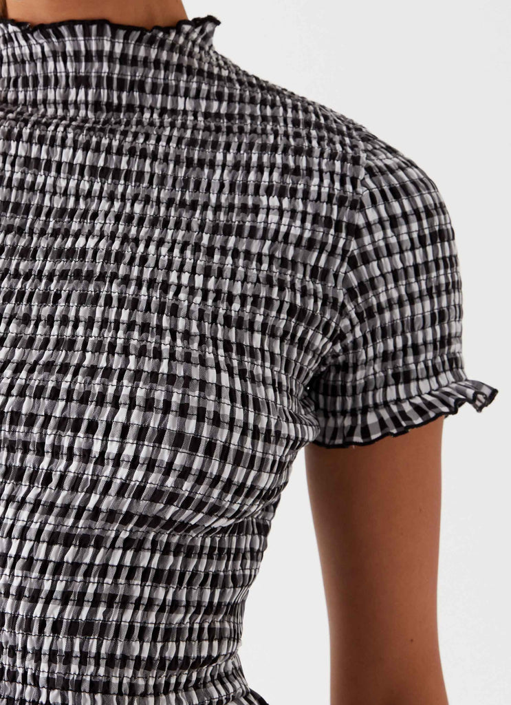 Womens Sweetest Pie Tin the colourShirt in the colour Black Gingham in front of a light grey background