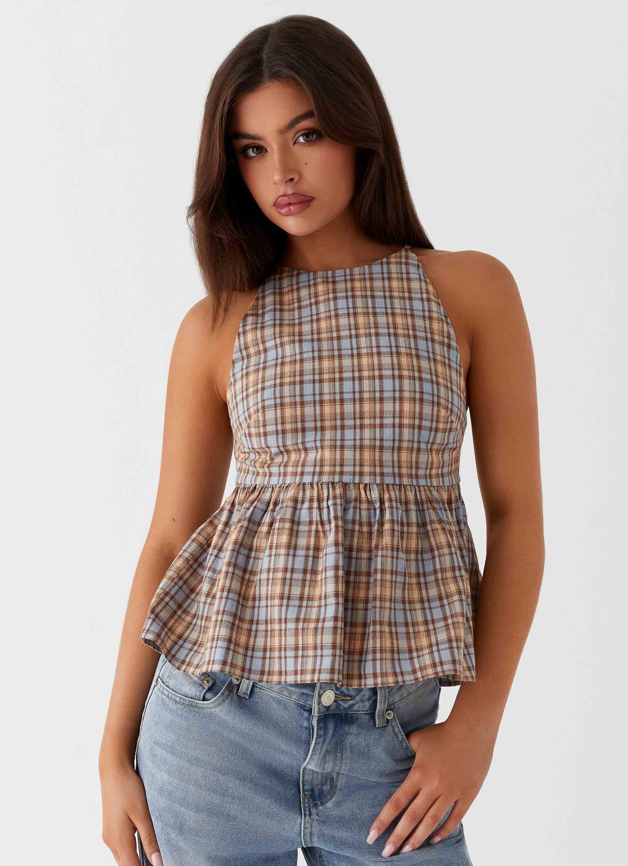 Tanith Ruffle Top - Brown Check – Peppermayo