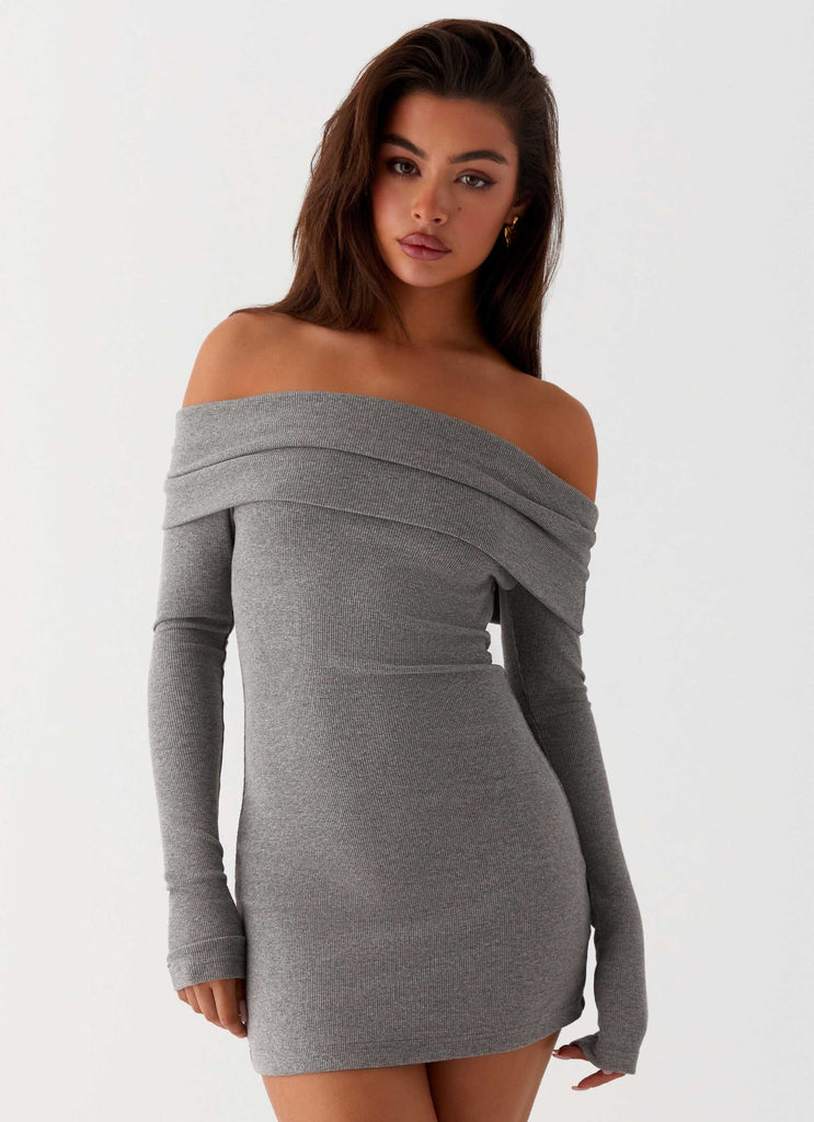 Womens Tanzia Knit Mini Dress in the colour Charcoal in front of a light grey background