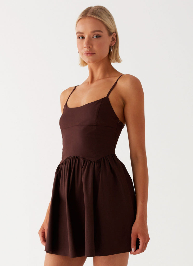 Womens Tesoro Mio Mini Dress in the colour Chocolate in front of a light grey background