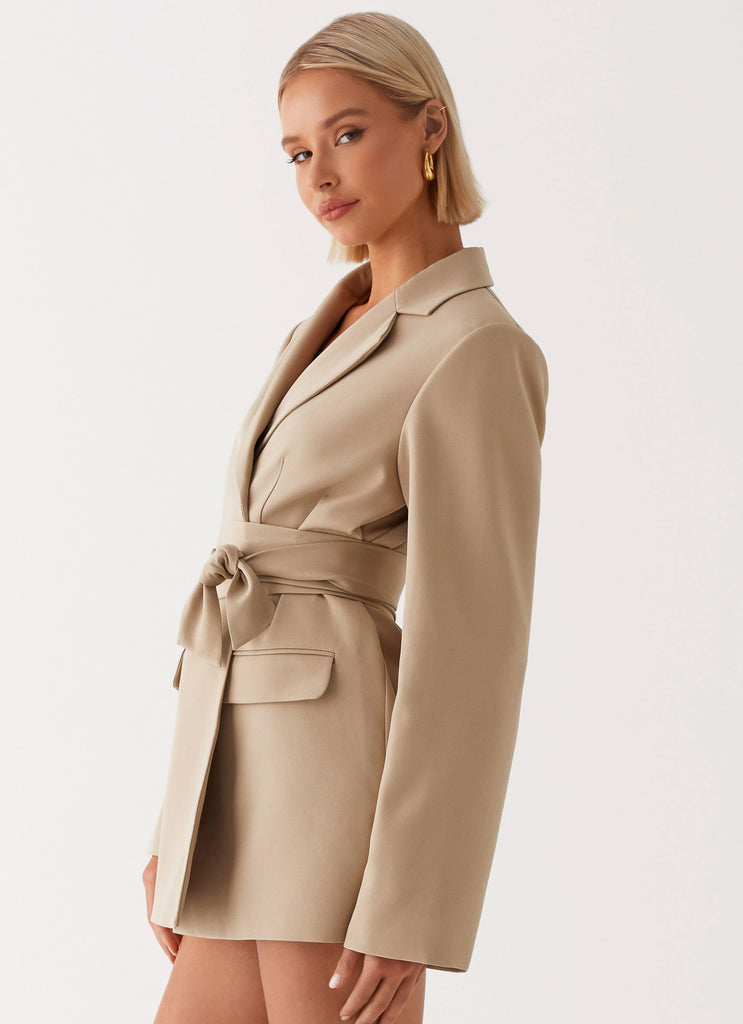 Womens Clara Blazer Dress in the colour Brown in front of a light grey background