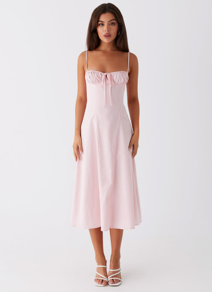 Womens Thoughts Of You Midi Dress in the colour Pink in front of a light grey background