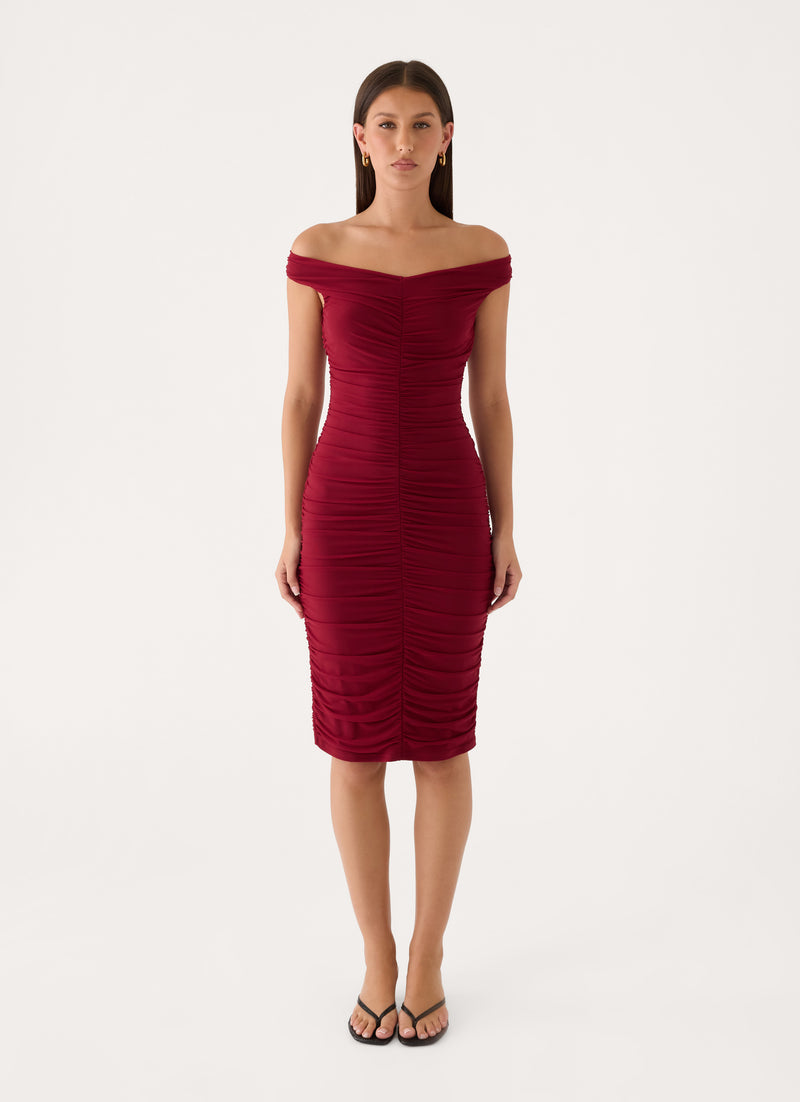 Valcera Ruched Midi Dress - Maroon