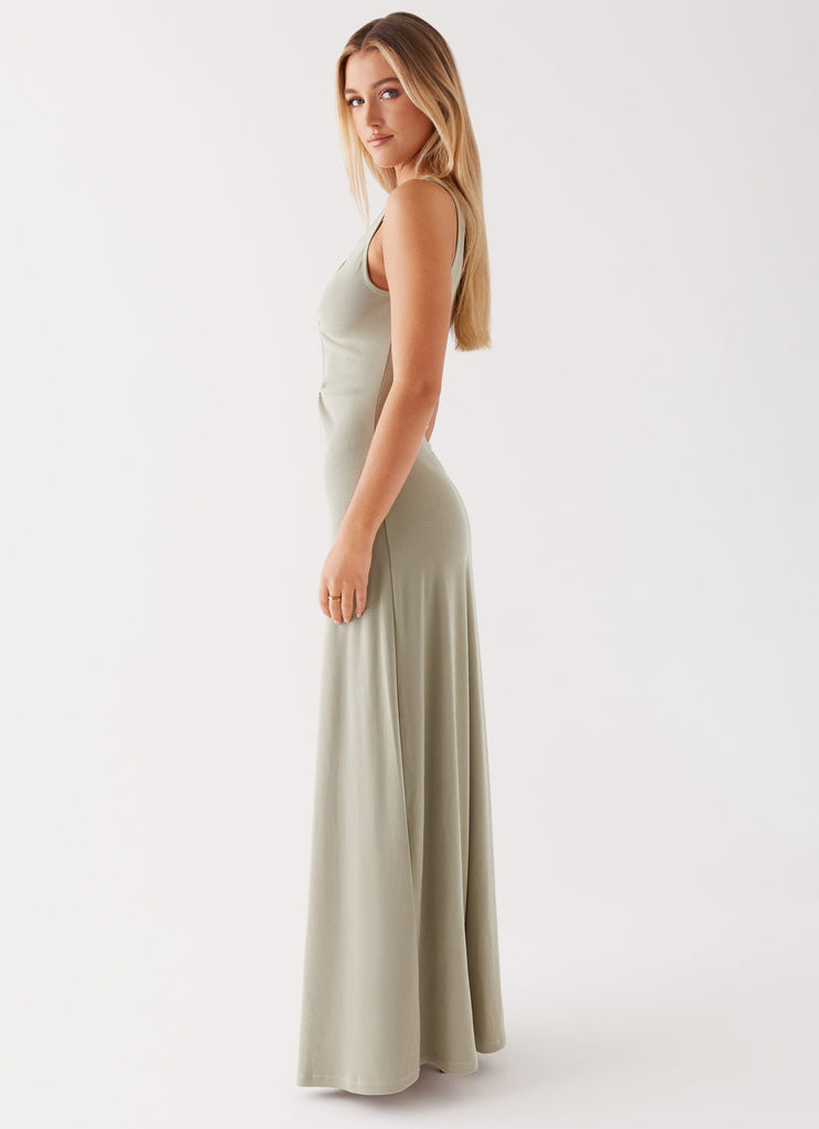 Womens Valli Maxi Dress in the colour Sage in front of a light grey background