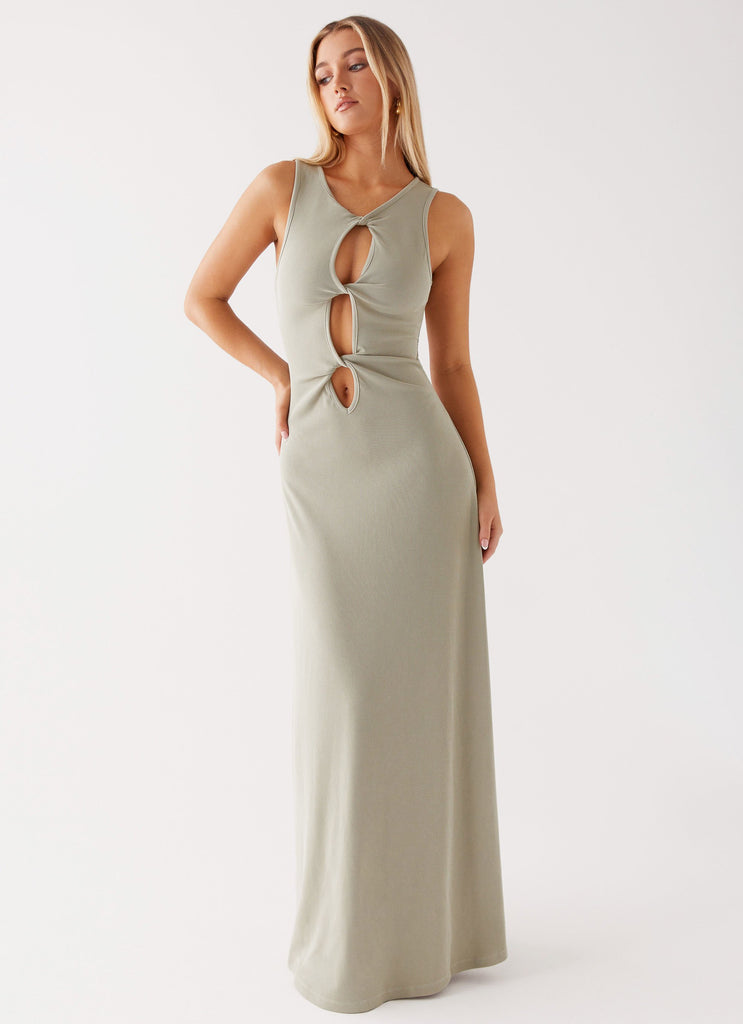 Womens Valli Maxi Dress in the colour Sage in front of a light grey background