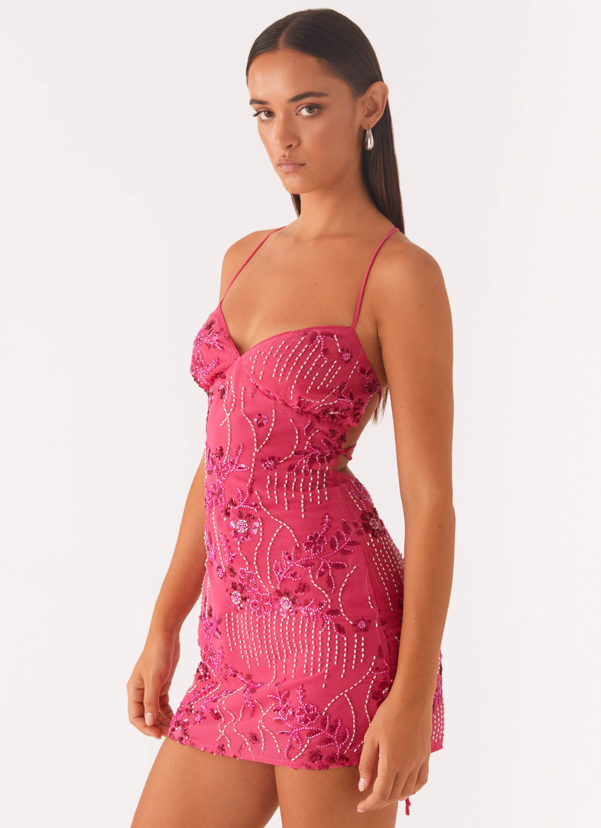 peppermayo exclusive vietta sequin cami mini dress pink Vietta Sequin Cami Micro Mini Dress cross adjustable straps Peppermayo Exclusive Vietta Sequin Cami