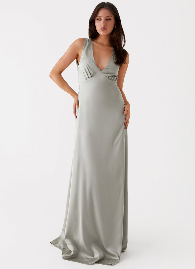 Womens Winnie Cowl Back Maxi Dress in the colour Sage in front of a light grey background