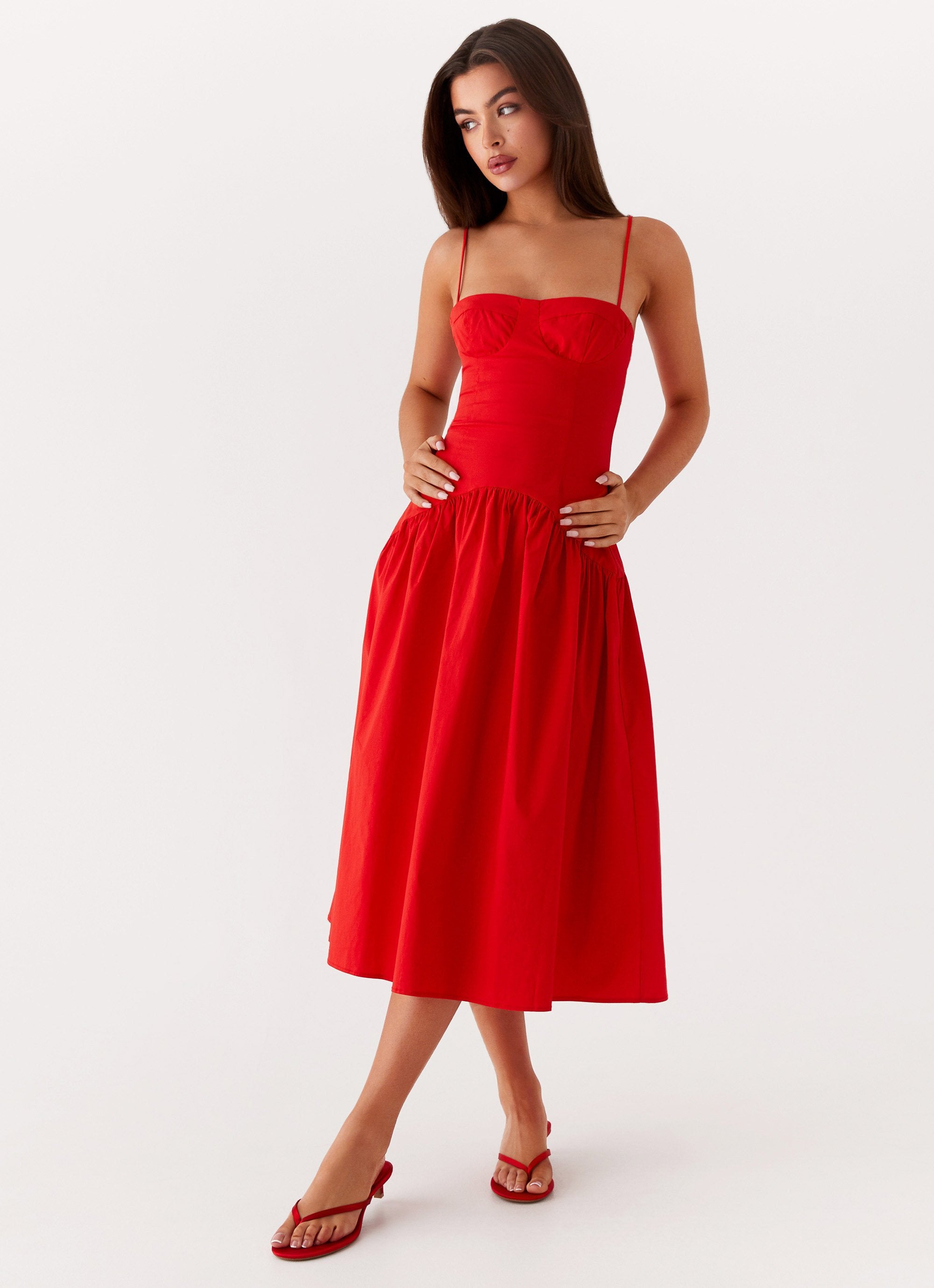 Red floaty midi dress shop