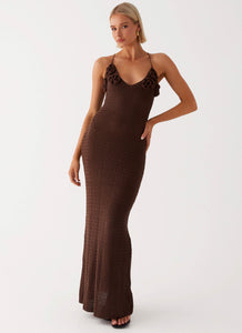 Womens Zara Rose Crochet Maxi Dress in the colour Chocolate in front of a light grey background