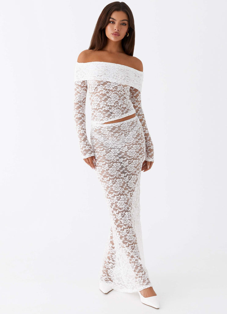 Womens Zephyra Lace Maxi Skirt in the colour White in front of a light grey background